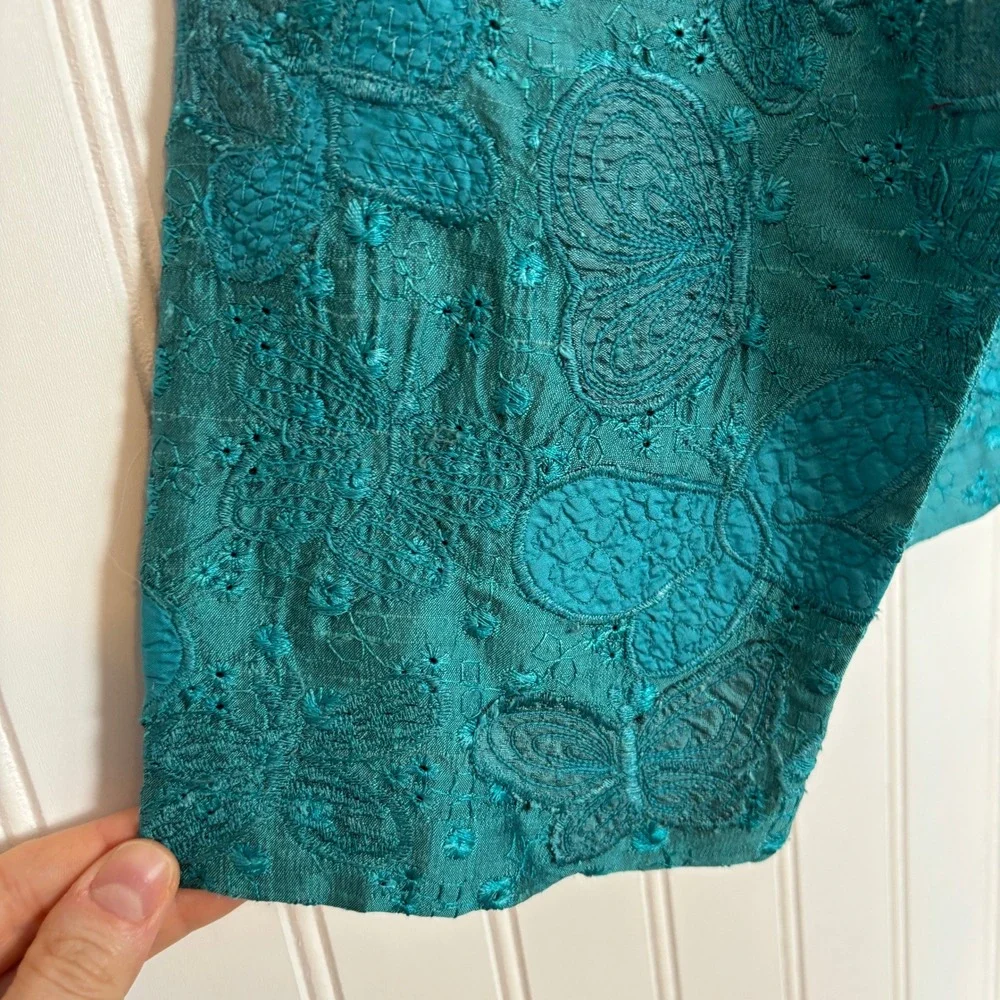 Vintage Chico's Teal Floral Button Up Blouse L Butterfly Silk Artsy Boho Retro - Picture 6 of 10